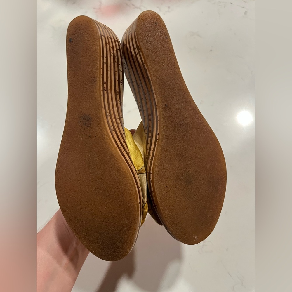 Salvatore Ferragamo Multicolor Silk Knot Wedge Slides - Green, Yellow, Brown - Picture 6 of 8
